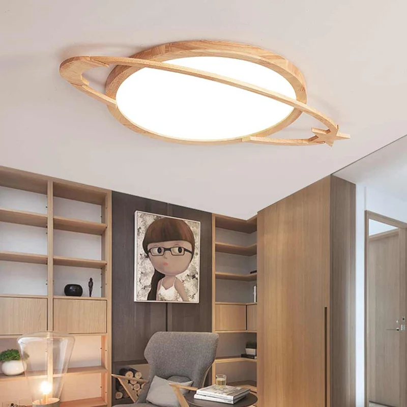 Flush Mount Ceiling Light Wood Planet Dimmable LED
