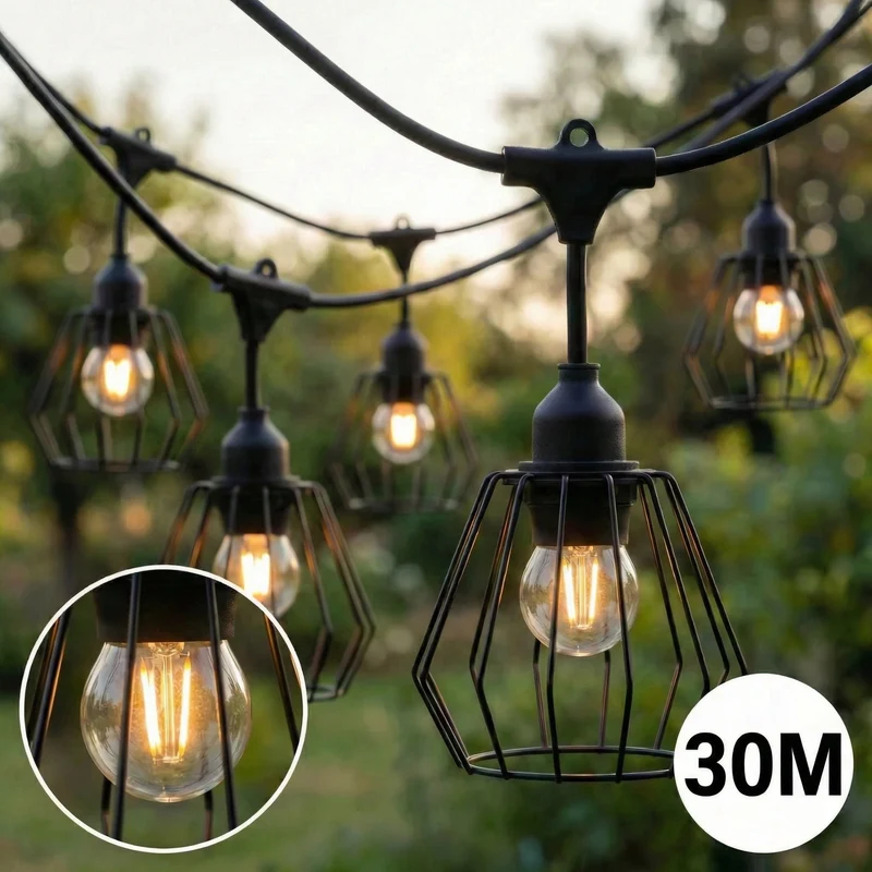 Komplette Lichterkette mit 30 Lampenschirmen | 30 Meter | Industrielampenschirm | Verkettbar | E27 | Inkl. 1-W-Glühbirnen
