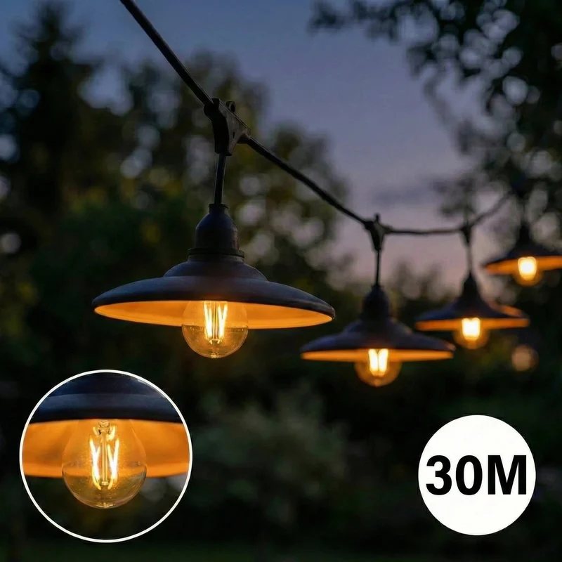 Komplette Lichterkette mit 30 Lampenschirmen | 30 Meter | Schwarzer Lampenschirm | Verkettbar | E27 | Inkl. 1-W-Glühbirnen
