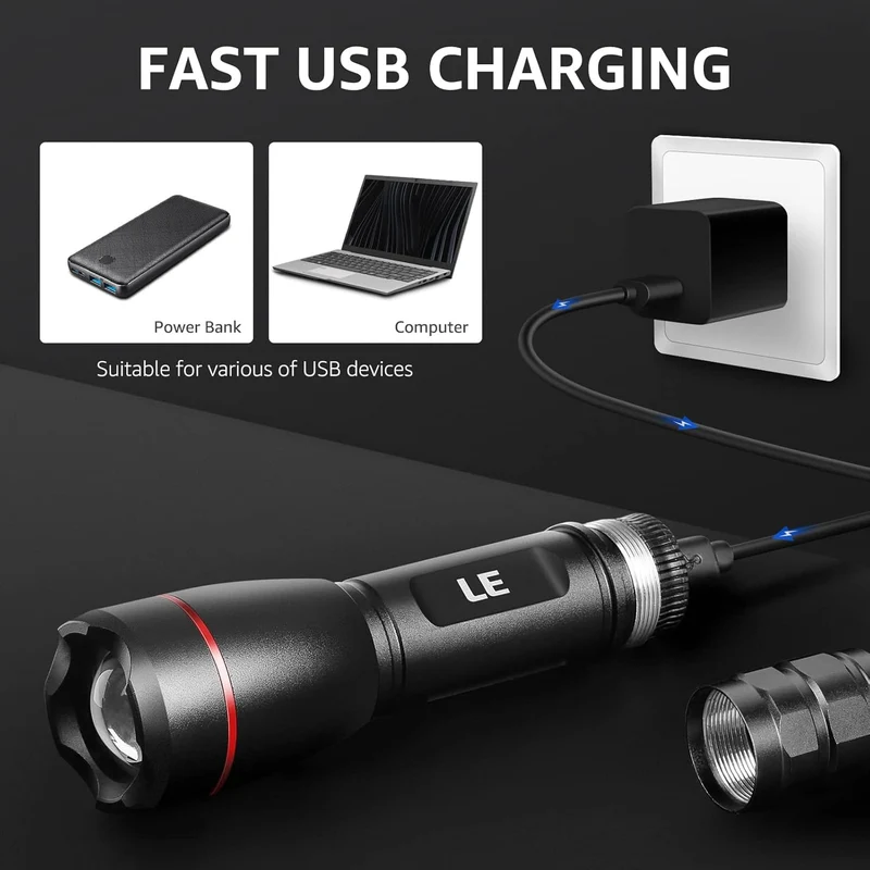 LE LED Taschenlampe Aufladbar USB, Extrem Hell 15000 Lux OSRAM P9 Taschenlampen, IPX4 Wasserdicht Zoombare Handlampe mit 5 Modi, Wiederaufladbare Taktische Taschenlampe für Camping, Outdoor, Wandern