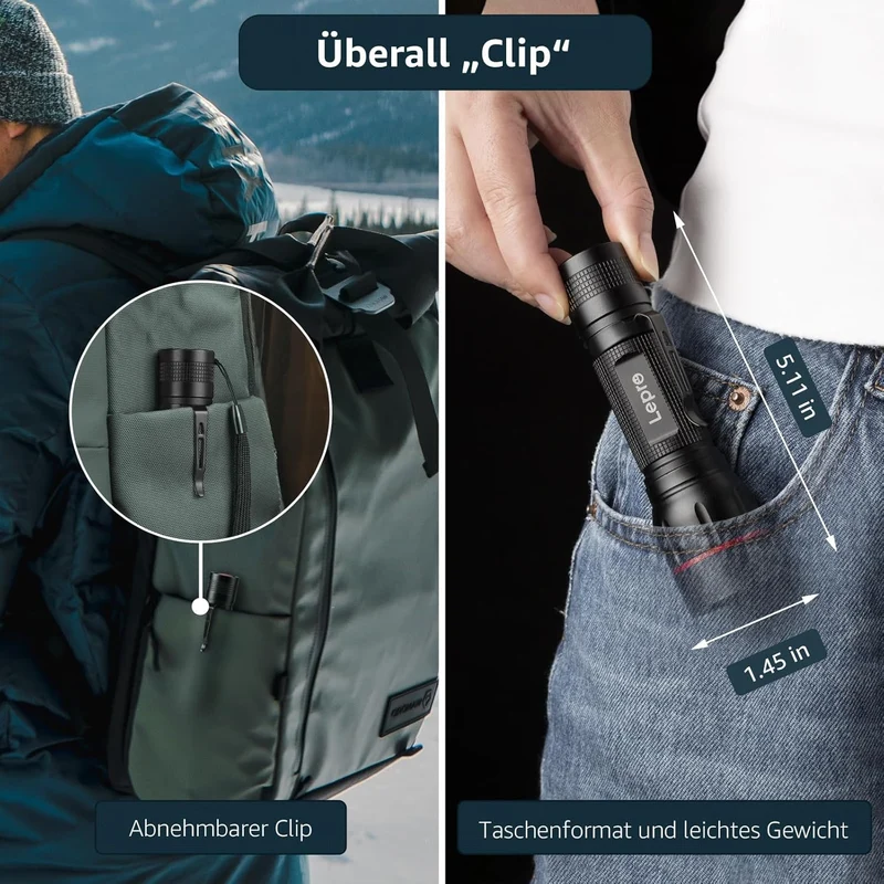 Lepro LED Taschenlampe, LE2050 Extrem Hell Mini Taschenlampen mit Clip, Zoombare Camping batteriebetrieben Flashlight mit 5 Modi, Wasserdicht Torch Light für Outdoor, Wandern, Geschenk, Notfall