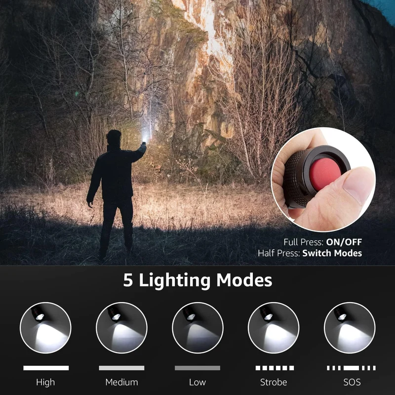 Lepro LED Taschenlampe, LE2000 Extrem Hell Klein Taschenlampen Batteriebetrieben mit 5 Modi, Zoombare Camping Handlampe, wasserdichte praktische Flashlight für Outdoor, Wandern, Angeln, Gassigehen