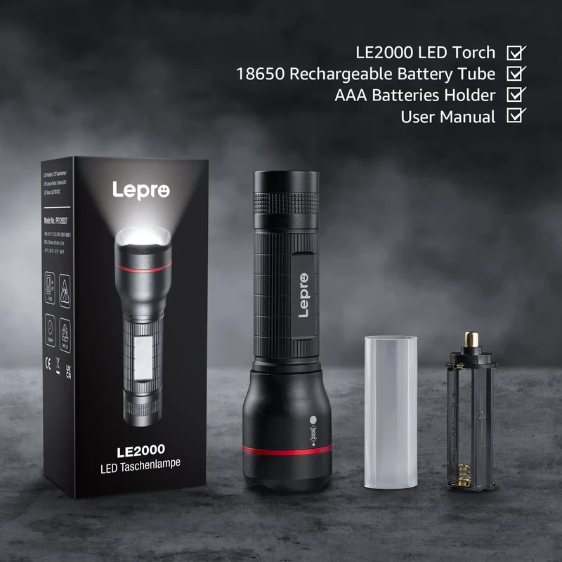 Lepro LED Taschenlampe, LE2000 Extrem Hell Klein Taschenlampen Batteriebetrieben mit 5 Modi, Zoombare Camping Handlampe, wasserdichte praktische Flashlight für Outdoor, Wandern, Angeln, Gassigehen