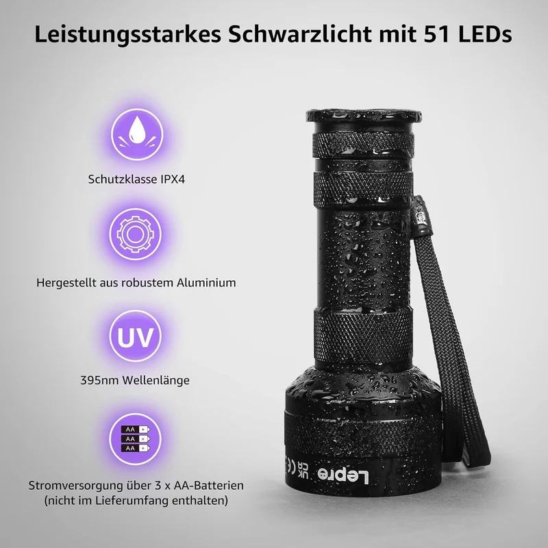 Lepro UV Schwarzlicht Taschenlampe mit 51 LEDs, UV Lampe HD51 Haustiere Urin-Detektor Ultraviolettes Licht mit 395nm für Eingetrocknete Flecken Ihrer Hunde, Katzen und Nagetiere auf Teppichen