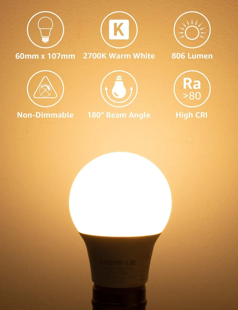 Lepro E27 LED Warmweiss Glühbirne, 8.5 Watt 806 Lumen LED Lampe E27, ersetzt 60W Halogenlampe, A60 Leuchtmittel, 2700 Kelvin Warmweiß, 160° Abstrahlwinkel Energiesparlampe, 6 Stück