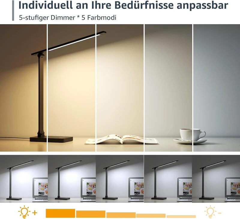 Lepro Schreibtischlampe, LED Tischlampe Dimmbar, Nachttischlampe 750LM 3 Farben und 5 Helligkeitsstufen, Tageslichtlampe, Tischleuchte, Schreibtisch Lampe für Kinder, Büro, Kunststoff, Schwarz