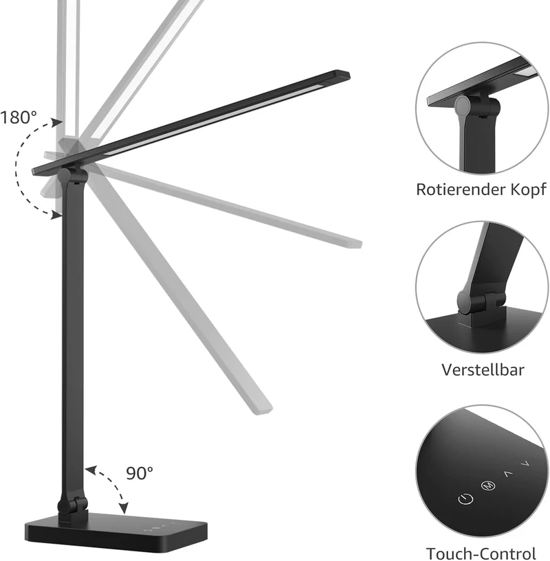 Lepro Schreibtischlampe, LED Tischlampe Dimmbar, Nachttischlampe 750LM 3 Farben und 5 Helligkeitsstufen, Tageslichtlampe, Tischleuchte, Schreibtisch Lampe für Kinder, Büro, Kunststoff, Schwarz
