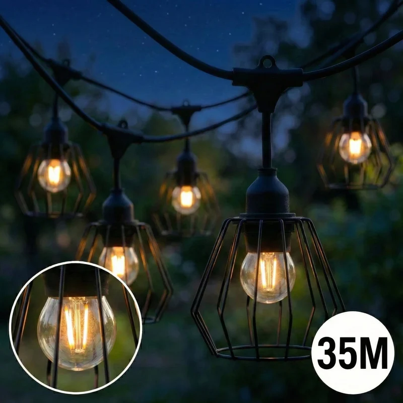 Komplette Lichterkette mit 35 Lampenschirmen | 35 Meter | Industrielampenschirm | Verkettbar | E27 | Inkl. 1-W-Glühbirnen
