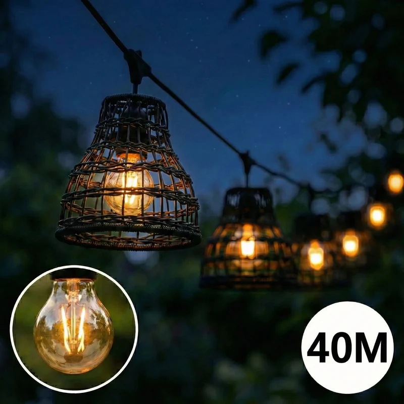 Komplette Lichterkette mit 40 Lampenschirmen | 40 Meter | Schwarzer Bambus | Verbindbar | E27 | Inklusive 1-Watt-Glühbirnen