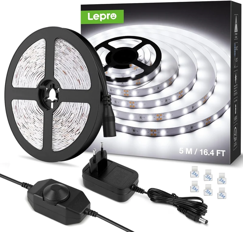 Lepro LED Strip Kaltweiß 5M, LED Streifen Kaltweiss 6000K Dimmbar, 300 LEDs, 12V Selbstklebend, IP20 LED Band, Weiß Flexible DIY Leiste, LED Lichtband Kette mit Netzteil für Innen Küche Dekoration