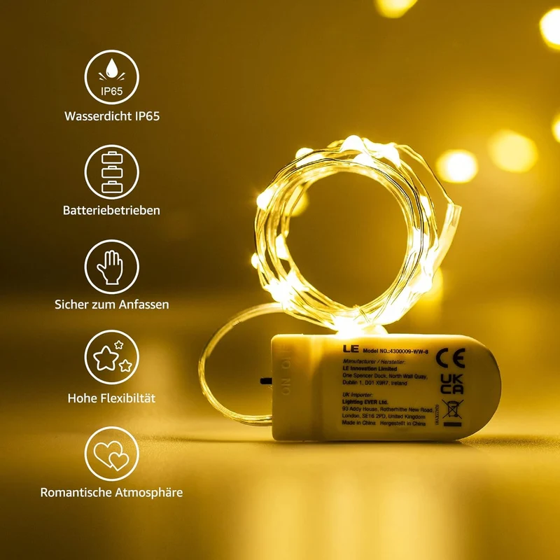 LE Flaschenlicht, 20 LEDs Weinflaschen Lichterkette, 8 Stück 2M Batteriebetrieben Flaschenlichterkette mit Kork, Kupferdraht Lichterketten für Zimmer Außen Innen Weihnachten Party Deko, Warmweiß