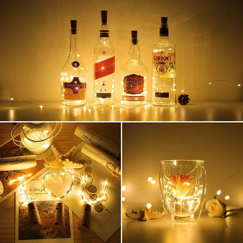 LE Flaschenlicht, 20 LEDs Weinflaschen Lichterkette, 8 Stück 2M Batteriebetrieben Flaschenlichterkette mit Kork, Kupferdraht Lichterketten für Zimmer Außen Innen Weihnachten Party Deko, Warmweiß