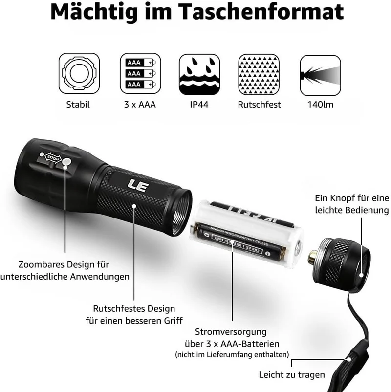 LE LED Taschenlampe Klein, LE1000 Extrem Hell Zoombare Mini Taschenlampen Batteriebetrieben für Kinder, Tragbare Flashlight, Wasserdichte Torch, Handlampe für Camping, Outdoor, Wandern, Notfälle