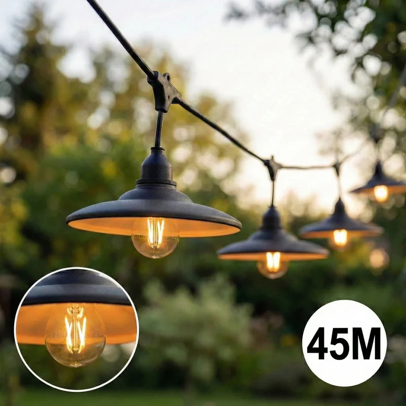 Komplette Lichterkette mit 45 Lampenschirmen | 45 Meter | Schwarzer Lampenschirm | Verkettbar | E27 | Inkl. 1-W-Glühbirnen
