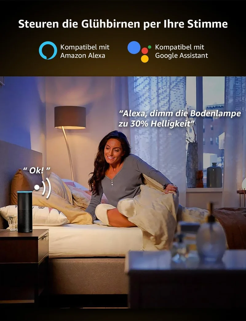 Lepro E27 Smart Lampe, 9W Smart Glühlampen WLAN LED Birnen WiFi LED Light Bulb 806LM Smart Home Lampen Dimmbare Birne, 2.4 GHz, Dimmbares Warmes Licht, Kompatibel mit Alexa Echo, Google Home, 1 Pack