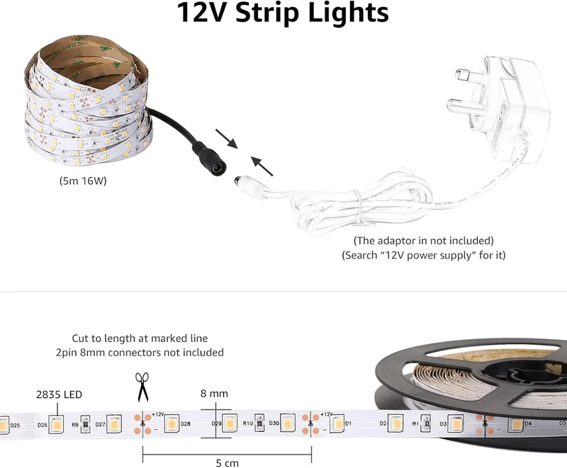 Lepro LED Strip Kaltweiß, 10M(5M*2) LED Streifen 12V Selbstklebend, Band jeder mit 300 Stück 2835 LEDs 2300 Lumen, 6000K Dimmbar Leiste, Kaltweiss DIY Lichtband für Innen Heim Deko, kein Netzteil