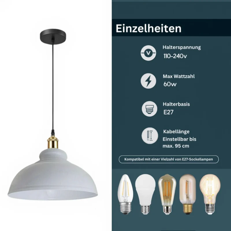 LEDSONE Retro Pendelleuchte Weiß Ø29cm Vintage Hängelampe ~3863