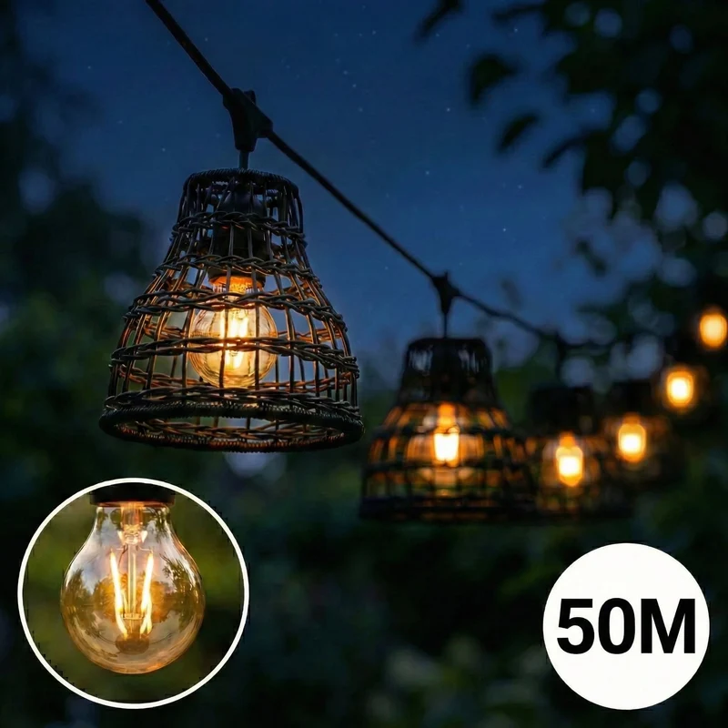 Komplette Lichterkette mit 50 Lampenschirmen | 50 Meter | Schwarzer Bambus | Verbindbar | E27 | Inklusive 1-Watt-Glühbirnen