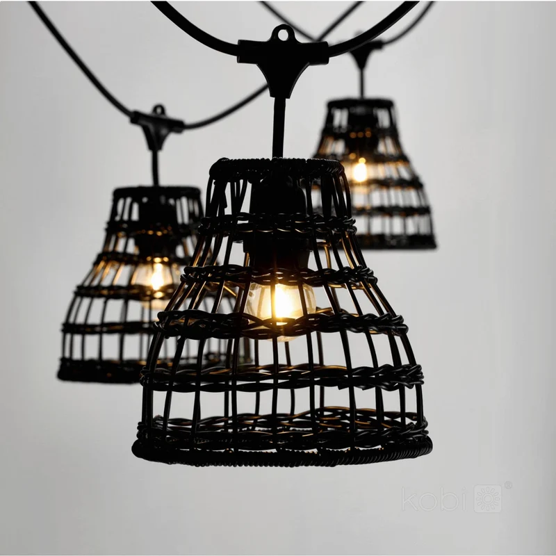 Komplette Lichterkette mit 50 Lampenschirmen | 50 Meter | Schwarzer Bambus | Verbindbar | E27 | Inklusive 1-Watt-Glühbirnen