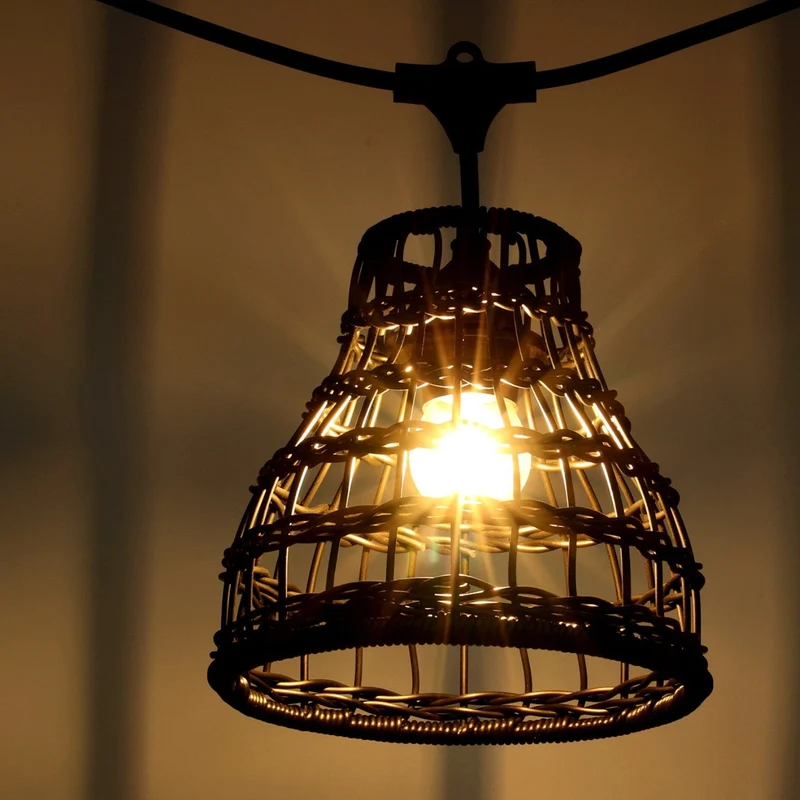 Komplette Lichterkette mit 50 Lampenschirmen | 50 Meter | Schwarzer Bambus | Verbindbar | E27 | Inklusive 1-Watt-Glühbirnen