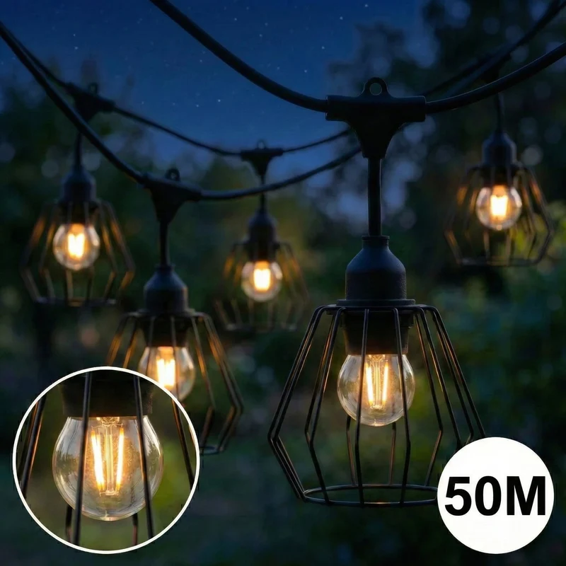 Komplette Lichterkette mit 50 Lampenschirmen | 50 Meter | Industrielampenschirm | Verkettbar | E27 | Inkl. 1-W-Glühbirnen