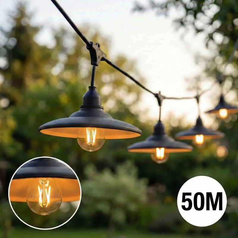 Komplette Lichterkette mit 50 Lampenschirmen | 50 Meter | Schwarzer Lampenschirm | Verkettbar | E27 | Inkl. 1-W-Glühbirnen