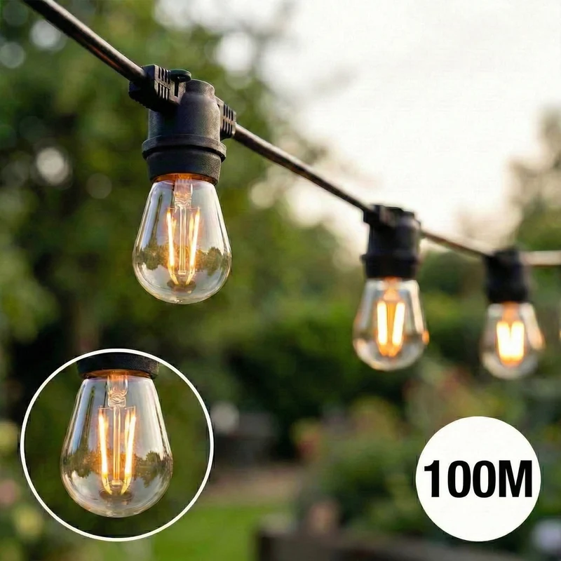 Komplettes Set | Lichterkette 100 Meter | Inklusive 100 Glühlampen | 1 W | 2700 K | Verbindbare Lichterkette