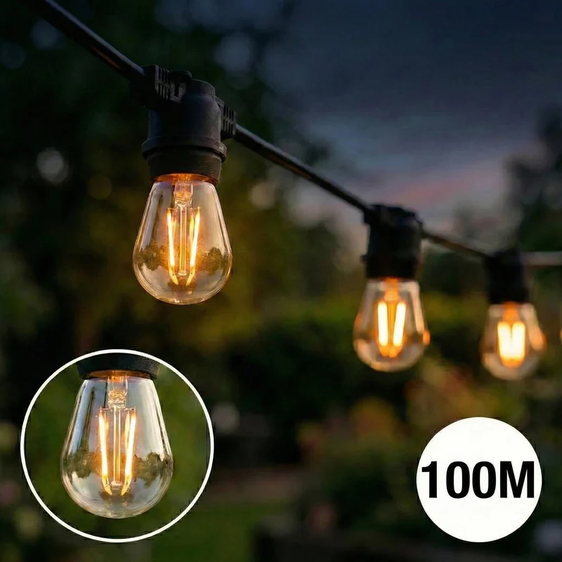 Komplettes Set | Lichterkette 100 Meter | Inklusive 100 Glühlampen | 1 W | 2700 K | Verbindbare Lichterkette