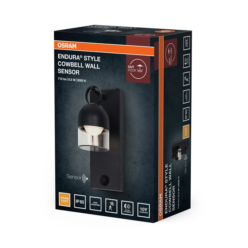 OSRAM Außenwandleuchte, Dark Grey, 6,5 W, 400 lm, 3000 K, 110° Abstrahlwinkel, IP65, 50. 000 h Lebensdauer, PIR‑Bewegungsmelder, Glas, Aluminium