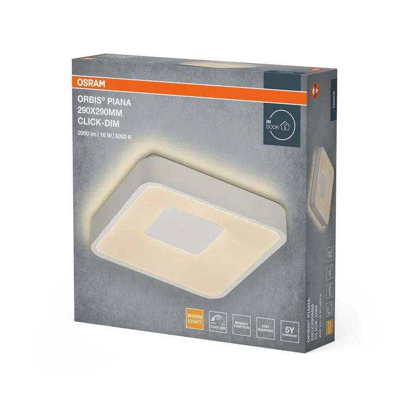 OSRAM Orbis Piana Deckenleuchte, 290x290 mm, 16W, 3000K, Warmweiß, Click dimmbar, Weiß