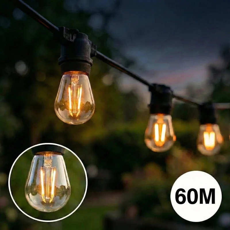 Komplettes Set | 60 Meter Lichterkette | Inklusive 60 Glühlampen | 1 W | 2700 K | Verkettbare Lichterkette