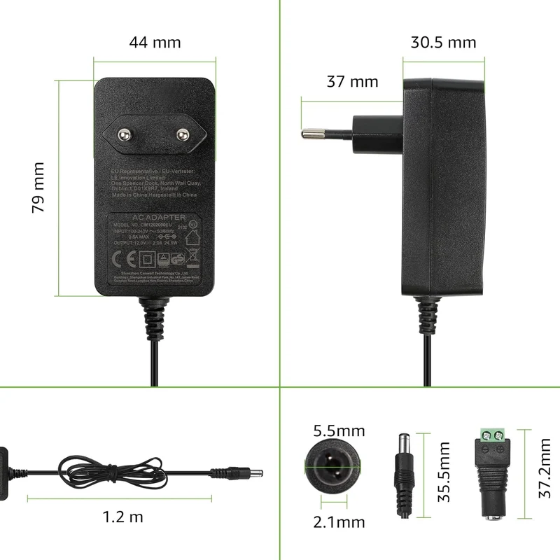 LE LED Trafo 12V Netzteil DC, LED Strip EU Stecker 12 Volt 2A Adapter Power Supply für SMD 3528/5050 LED Streifen, AC 100-240 Netzadapter, 24W Maximal Steckernetzteil, Transformator Strom für Band