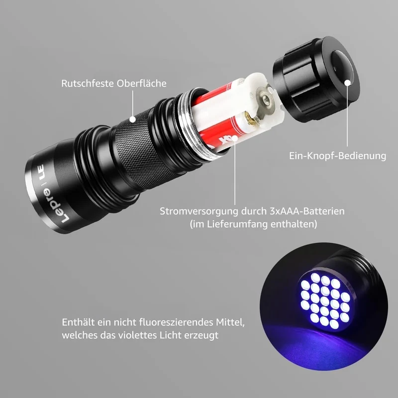 LE Ultraviolett LED UV-Taschenlampe mit 21 LEDs 395nm, UV-Strahler, Handlampe, Prüfgerät, Fleckendetektor / Urindetektor für Haustiere wie Katze, Hund usw.
