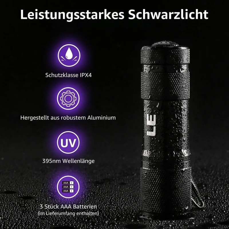 LE LED UV Schwarzlicht Taschenlampe mit 9 LEDs, mini UV Lampe Ultraviolettes Licht mit 395nm für Geocaching, Heimtierurindetektoren, Haustiere Urin-Detektor usw. Inklusive 3 AAA Batterien