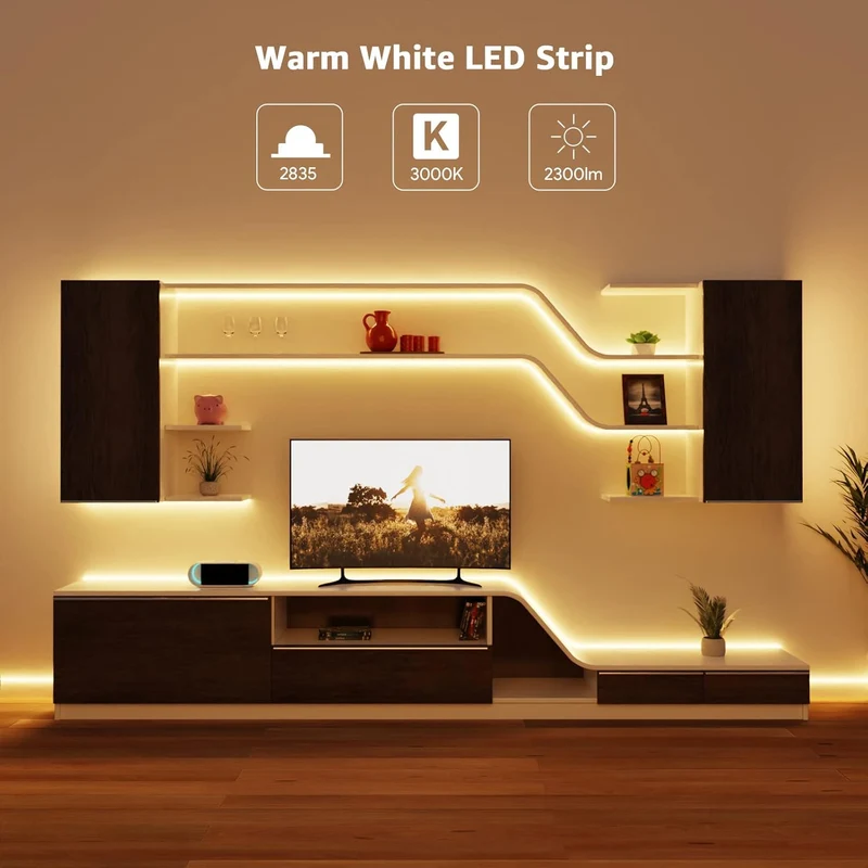 Lepro LED Strip Warmweiss, 5M LED Streifen 12V Selbstklebend, Band mit 300 Stück 2835 LEDs 2300 Lumen, 3000K Warmweiß Leiste, Weiß DIY Lichtband für Innen Heim Küche Deko, kein Netzteil
