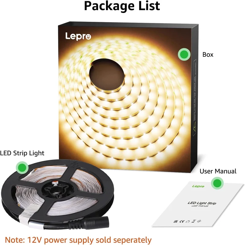 Lepro LED Strip Warmweiss, 5M LED Streifen 12V Selbstklebend, Band mit 300 Stück 2835 LEDs 2300 Lumen, 3000K Warmweiß Leiste, Weiß DIY Lichtband für Innen Heim Küche Deko, kein Netzteil