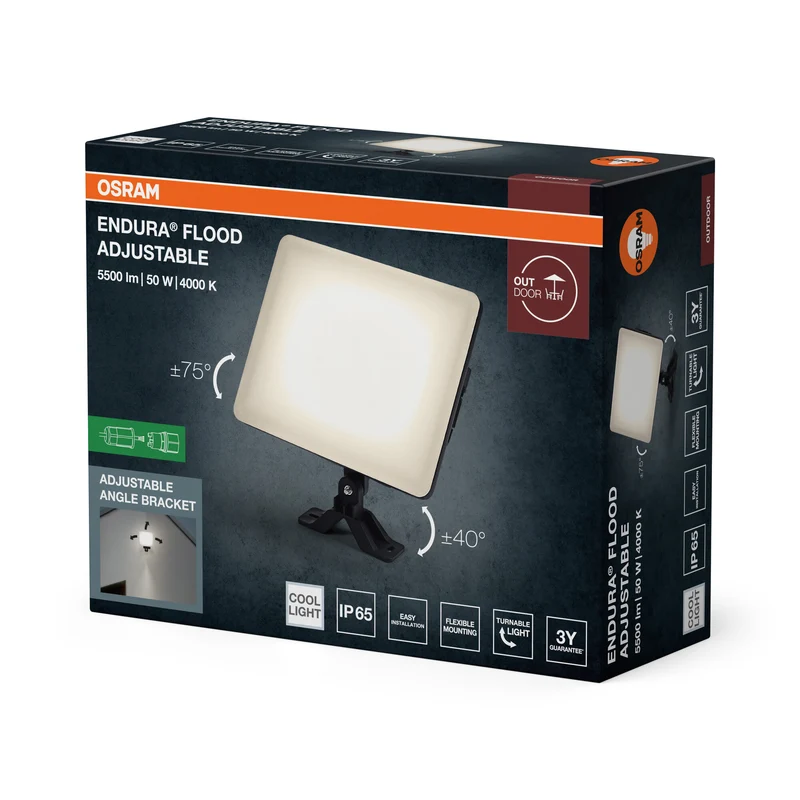 OSRAM ENDURA Flood Adjustable LED-Fluter, 50W, 4250lm, 4000K Kaltweiß, Schwarz, Aluminium, schwenkbar, IP65