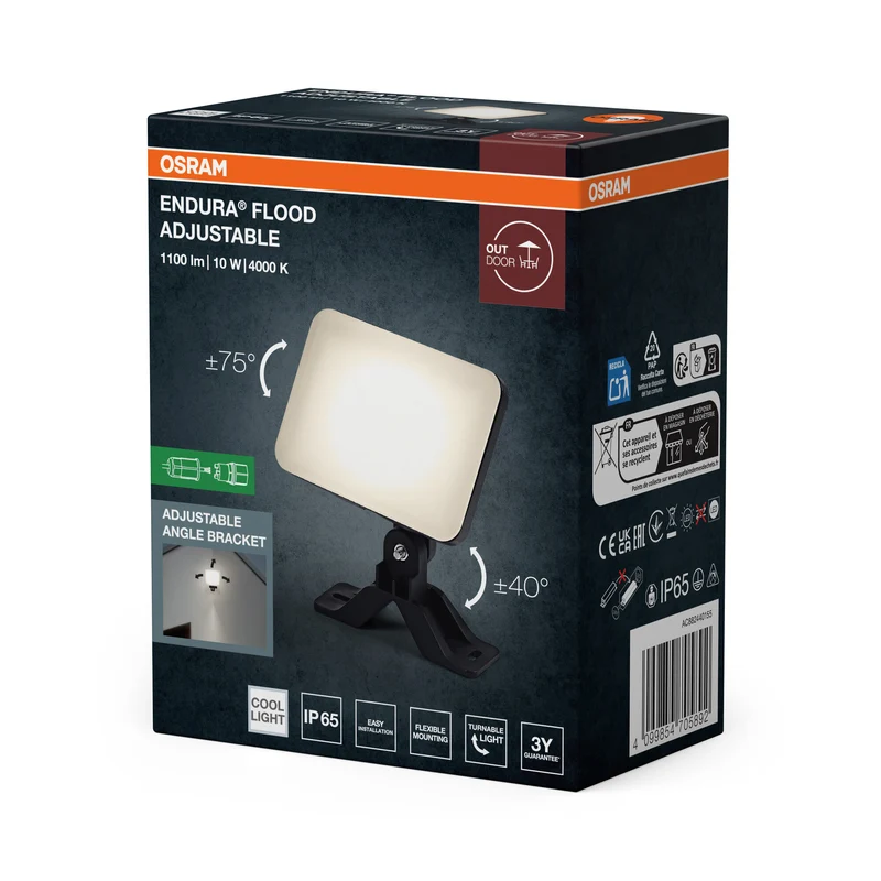 OSRAM ENDURA Flood Adjustable LED-Fluter, 10W, 850lm, 4000K Kaltweiß, Schwarz, Aluminium, schwenkbar, IP65