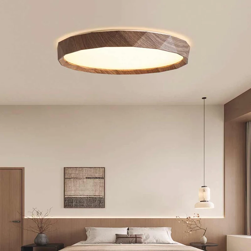 Flush Mount Ceiling Light Round Wood Grain LED, Log / Walnut Color
