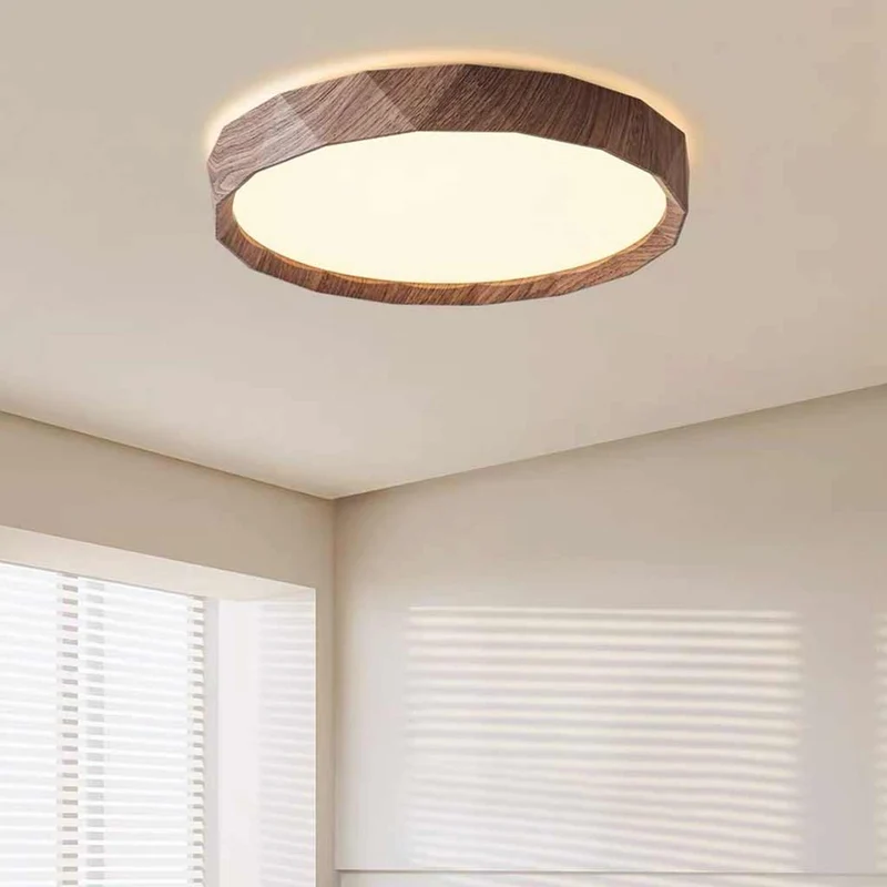 Flush Mount Ceiling Light Round Wood Grain LED, Log / Walnut Color