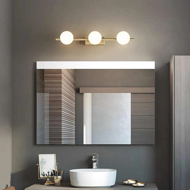 Brass Wall Vanity Mirror Light with Globes for Bathroom