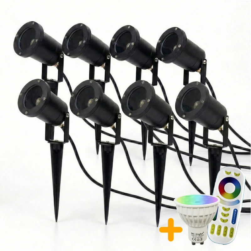 8er-Set | Samara Spike Strahler | Komplettes Set | RGB-CCT | Inkl. Leuchtmittel und Fernbedienung | GU10 | IP65 | Schwarz | Rund