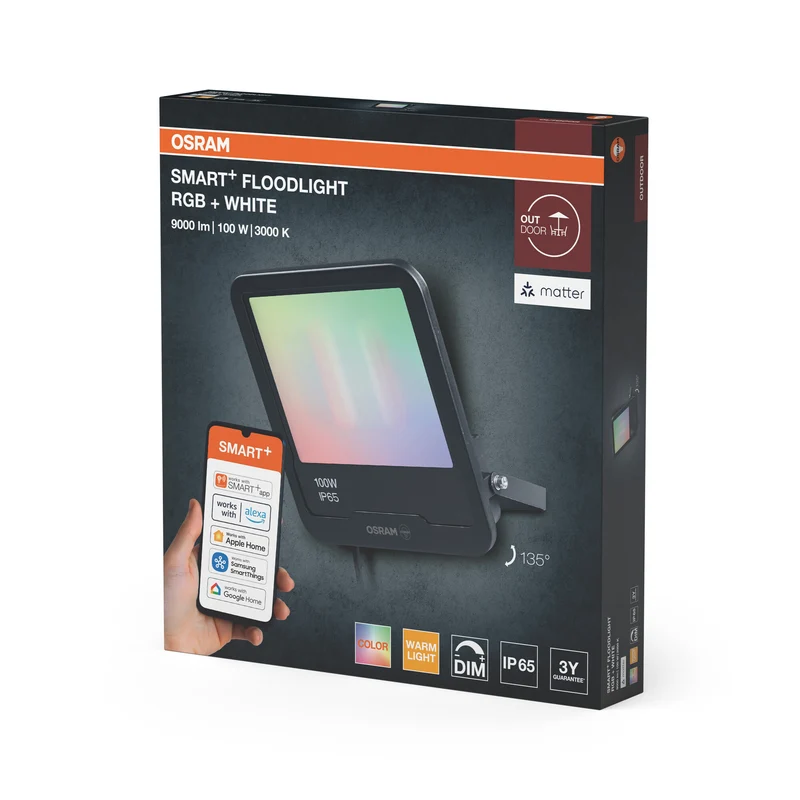 OSRAM SMART+ MATTER Floodlight LED-Fluter, 100W, 9000lm, RGBW 16 Mio. Farben, 3000K, WiFi, Matter, Alexa/Google, IP65