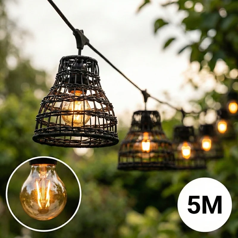 Komplettes Pinkabel mit 5x Lampenschirmen | 5 Meter | Bambus schwarz | Anschließbar | E27 | inkl. 1W-Lampen