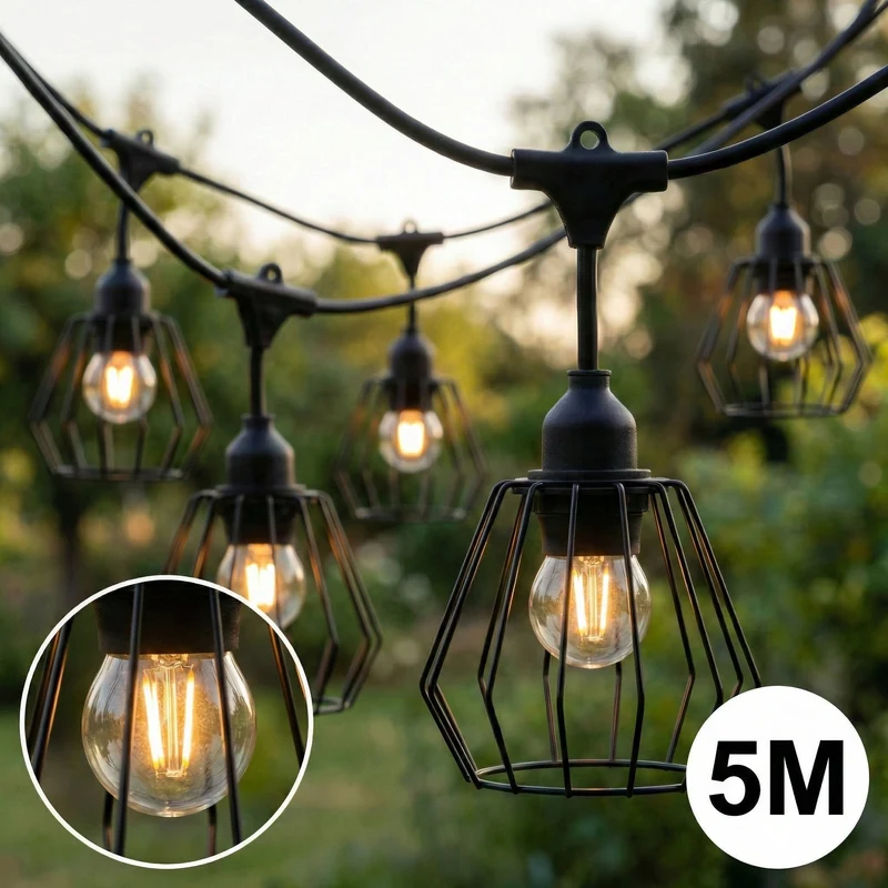 Komplettes Pinkabel mit 5x Lampenschirmen | 5 Meter | Industrieller Lampenschirm | Anschließbar | E27 | inkl. 1W-Lampen