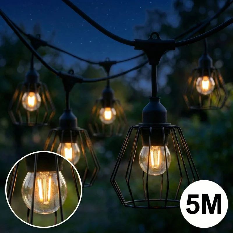 Komplettes Pinkabel mit 5x Lampenschirmen | 5 Meter | Industrieller Lampenschirm | Anschließbar | E27 | inkl. 1W-Lampen