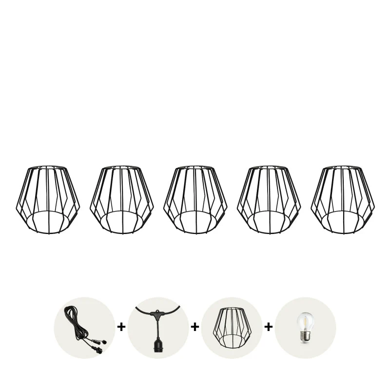 Komplettes Pinkabel mit 5x Lampenschirmen | 5 Meter | Industrieller Lampenschirm | Anschließbar | E27 | inkl. 1W-Lampen