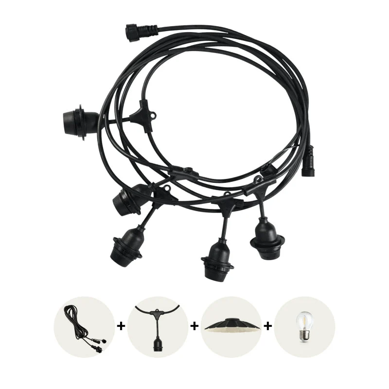 Komplettes Pinkabel mit 5x Lampenschirmen | 5 Meter | Industrieller Lampenschirm | Anschließbar | E27 | inkl. 1W-Lampen