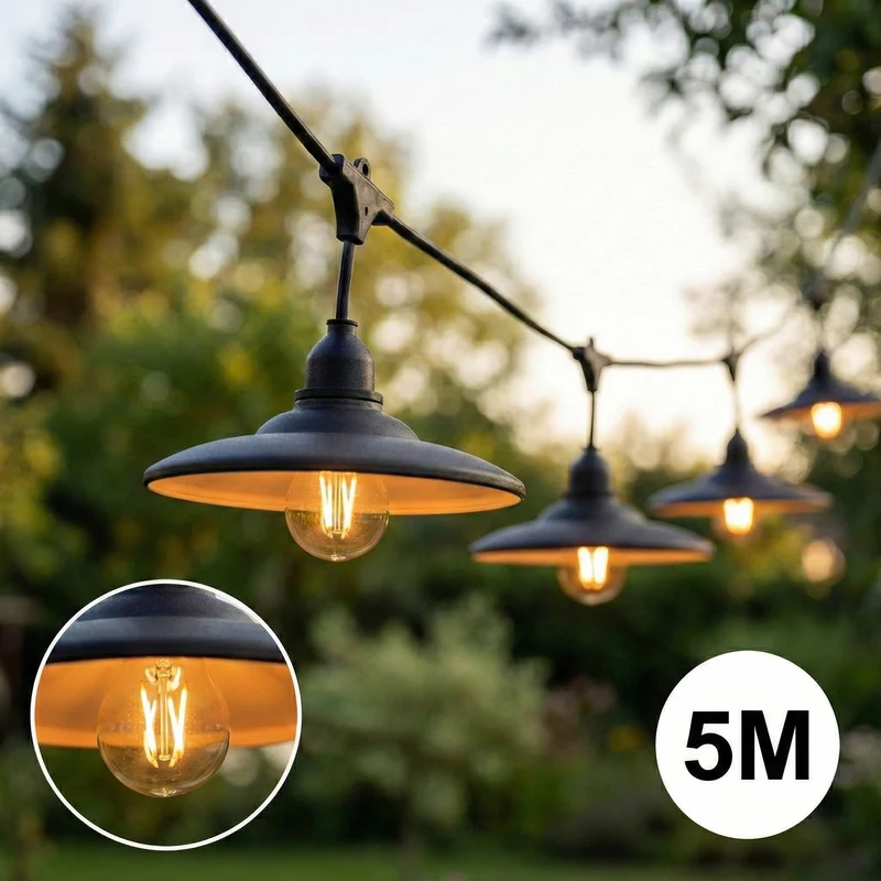 Komplettes Pinkabel mit 5x Lampenschirmen | 5 Meter | Schwarzer Lampenschirm | Anschließbar | E27 | inkl. 1W-Lampen