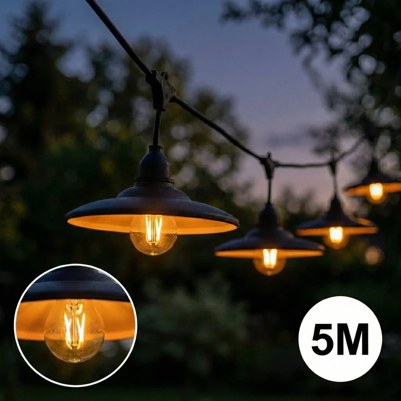 Komplettes Pinkabel mit 5x Lampenschirmen | 5 Meter | Schwarzer Lampenschirm | Anschließbar | E27 | inkl. 1W-Lampen